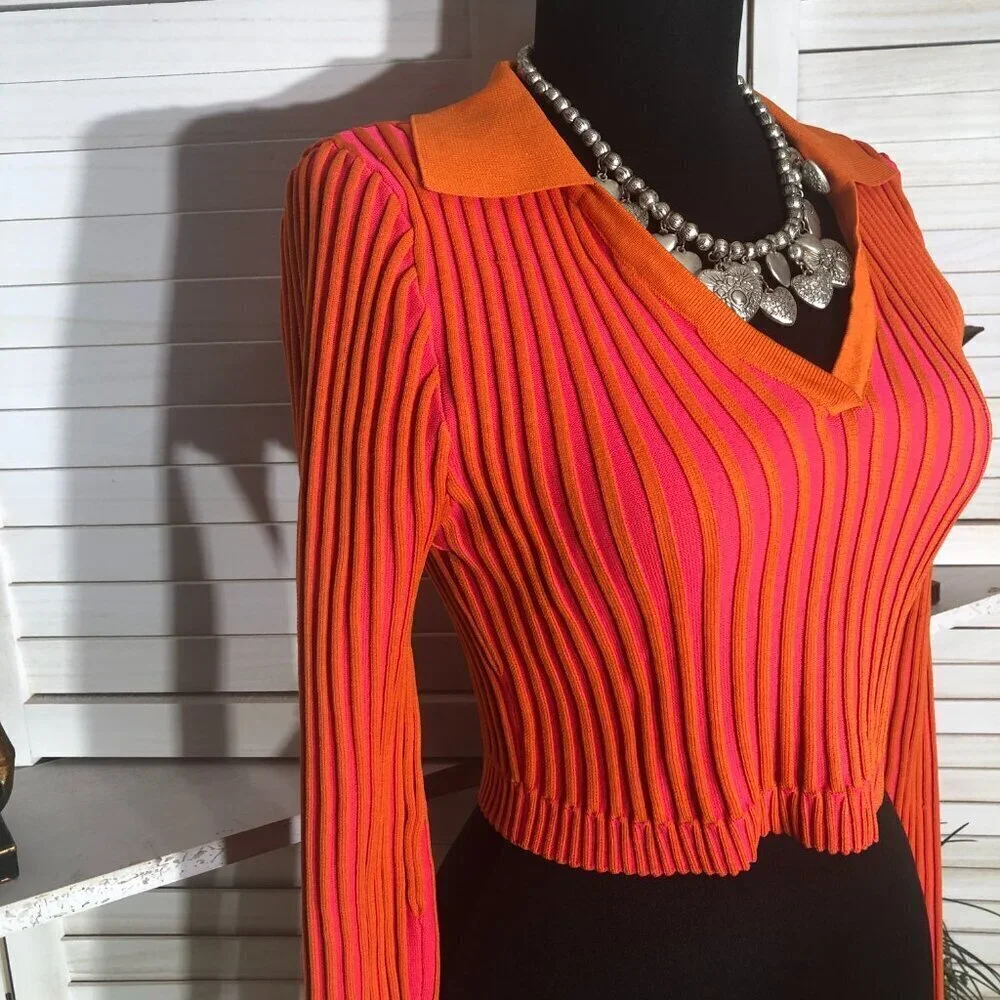 PrettyLittleThing Pink Orange Knit Cropped Top Small - Picture 5 of 11